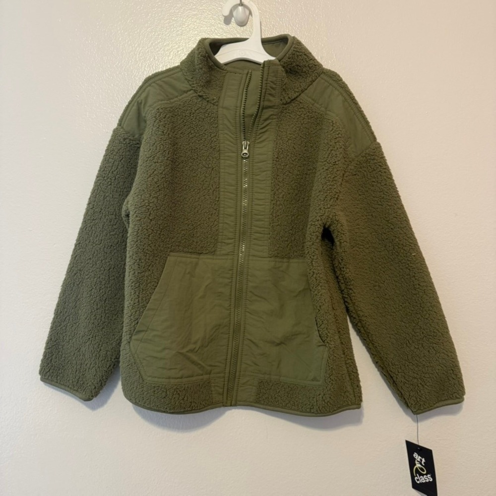 Art Class Kids Green Sherpa Fleece Full Zip Jacket Mixed Media S 6/7 New